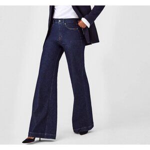Spanx Denim Women’s Flare Pull On Jeans Size L Raw Indigo Blue High Rise New